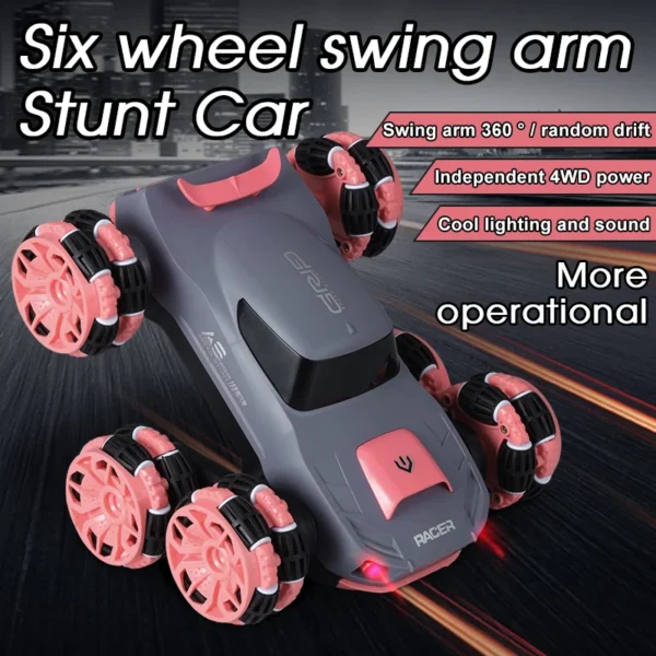 RC Stunt Car Toy:  Experience high-speed thrills with the 5-Channel 2.4G Swing Arm Roll RC Stunt Car! Designed for ultimate performance, this 6-wheel remote-controlled vehicle delivers impressive stunts, 360° rotations, and smooth maneuverability. Perfect for kids and RC enthusiasts, enjoy non-stop excitement with its durable build and high-speed capabilities.