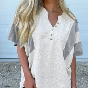 Two Tone Contrast Waffle Knit Patched Buttoned V Neck Top