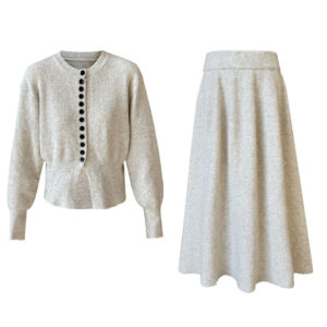 Round neck single breasted sweater cardigan+skirt two-piece set small fragrance style set