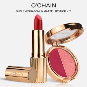 O'CHAIN Pearlescent Eyeshadow & Matte Lipstick Set – Long-Lasting, Non-Fading, and Non-Sticky Formula. Ultra-Fine, Powdery Eyeshadow Palette with Stun
