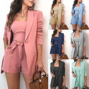 Elegant 3-Piece Women's Blazer Set – Tank Top & High-Waist Shorts