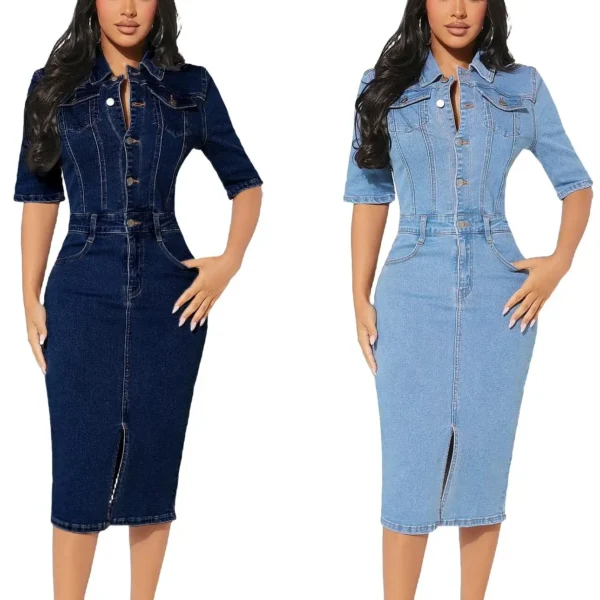 Trendy Elastic Button Denim Dress for Autumn - Image 4