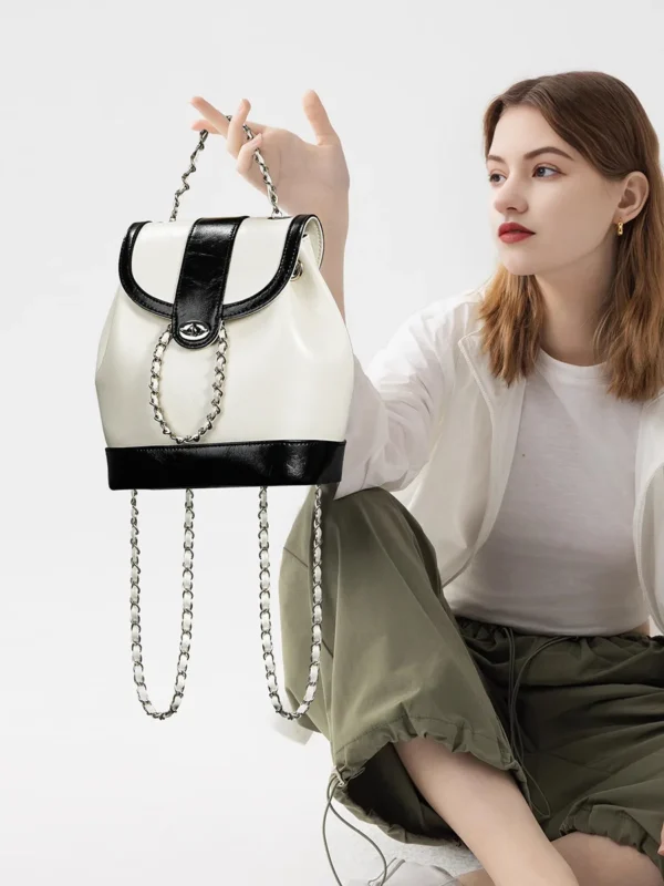 Luxurious Silver Black Genuine Leather Mini Backpack - Image 5