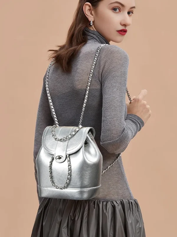 Luxurious Silver Black Genuine Leather Mini Backpack - Image 4