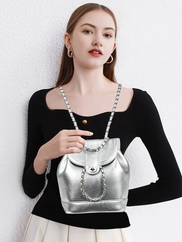 Luxurious Silver Black Genuine Leather Mini Backpack - Image 3
