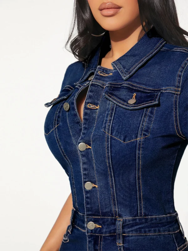 Trendy Elastic Button Denim Dress for Autumn - Image 3