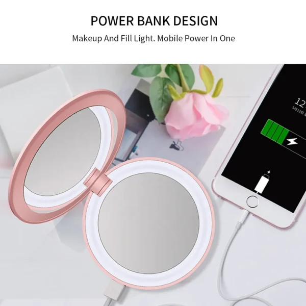 New Arrival Magic Portable Compact Rechargeable LED Mirror with Power Bank and Round Lip Gloss Vanity Makeup Feature - Image 2