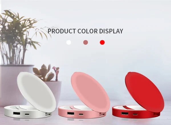 New Arrival Magic Portable Compact Rechargeable LED Mirror with Power Bank and Round Lip Gloss Vanity Makeup Feature